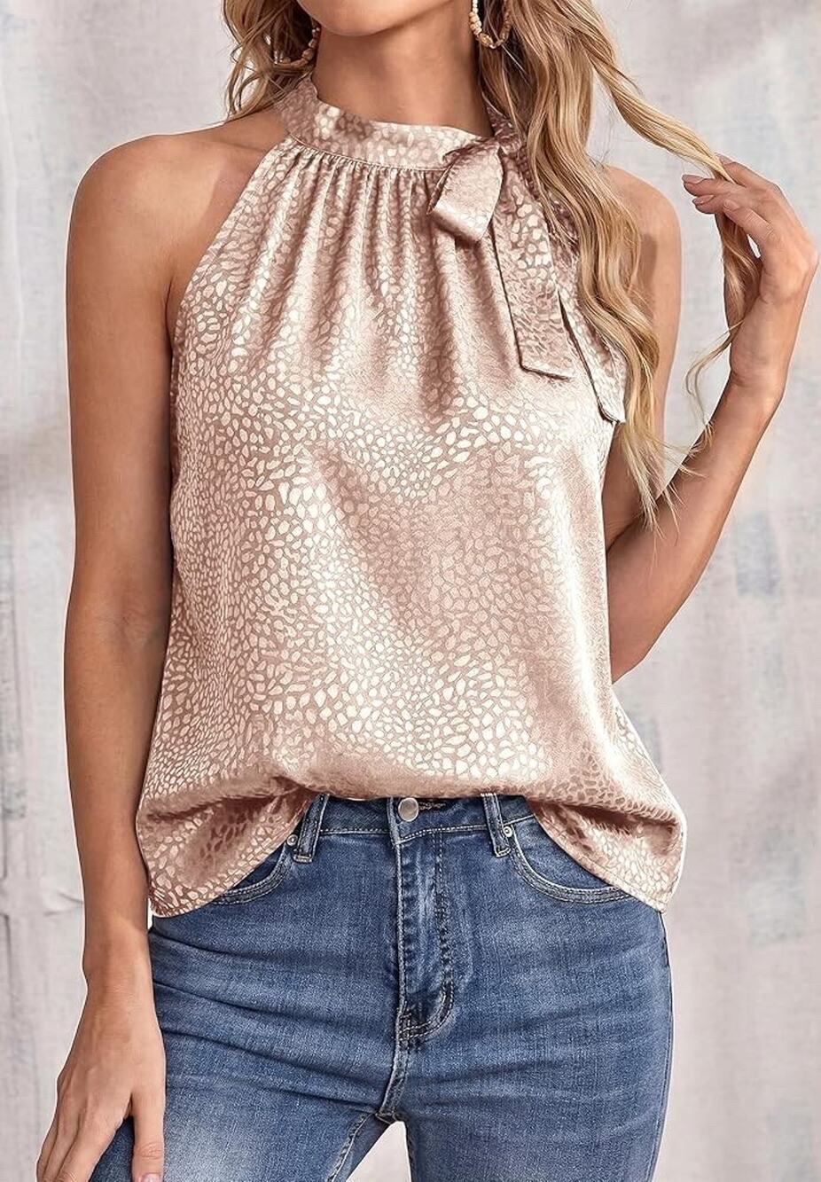 BTFBM Top Small Satin Halter Neck Sleeveless Tan Champagne Blouse